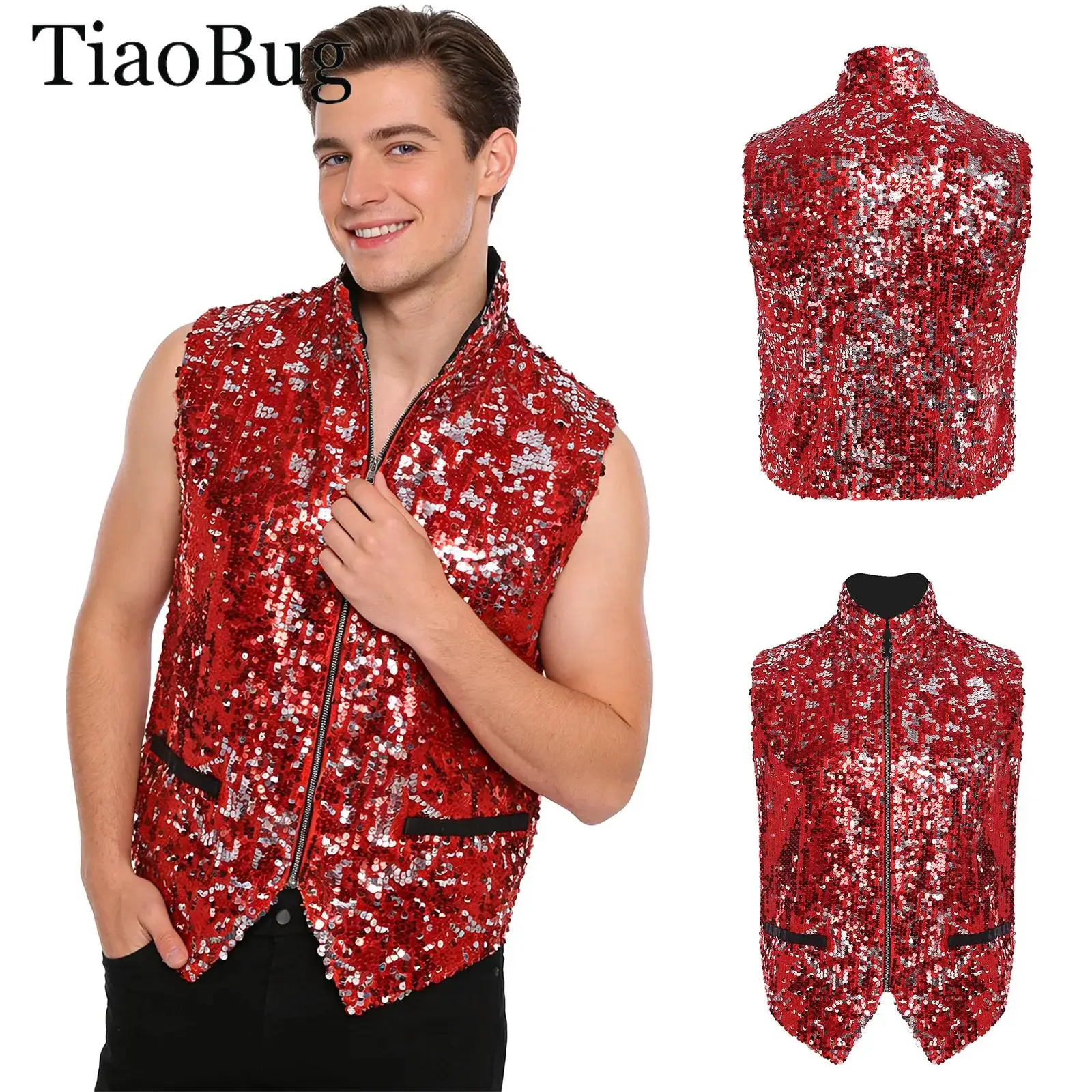 

Men Hip-hop Jazz Street Dance Vest Outerwear Shiny Sequin Disco Waistcoat Sleeveless Zipper Fully Lined Vest Tank Top Clubwear