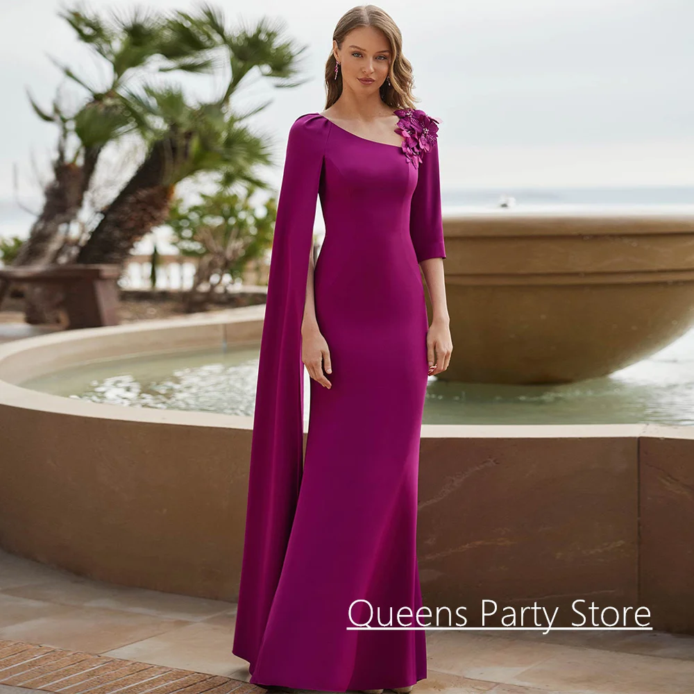 Purple Wedding Party Dresses Mother of The Bride Dress Customized 3/4 Sleeve Flowers Sweep Train Mermaid Evening Guest Gown