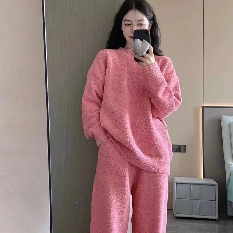 Autumn and Winter New Ms. Korean Senior Solid Color Pajamas Homewear Suit Girls Padded Thickened Plush Knitted Pajamas Homewear