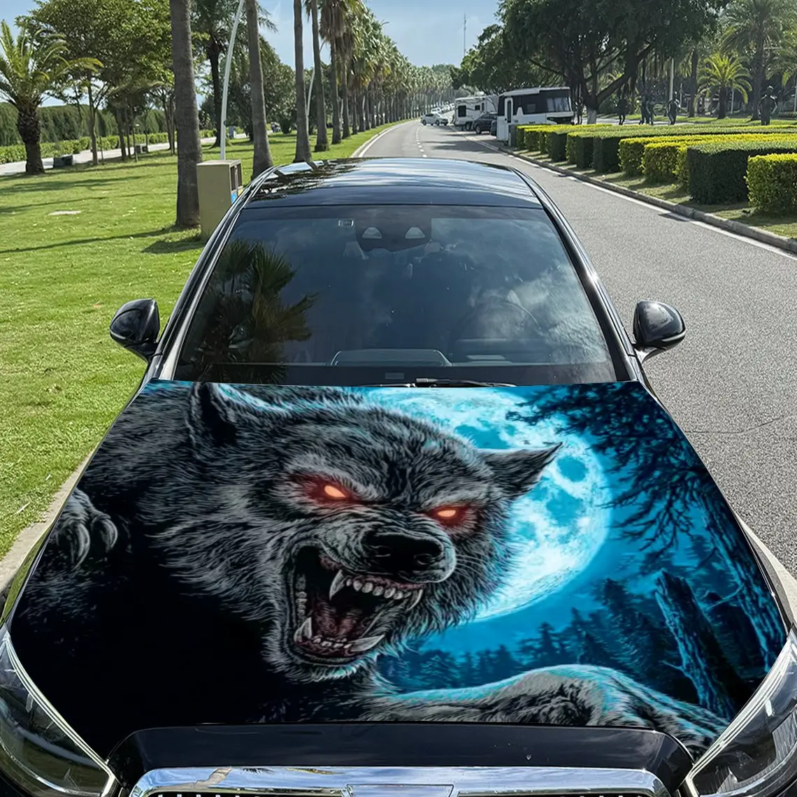 Night Moon Fierce Werewolf Car Hood Stickers-Durable PVC Tape Packaging,Car Aesthetic Design,Suitable For Most Vehicles,Engine C