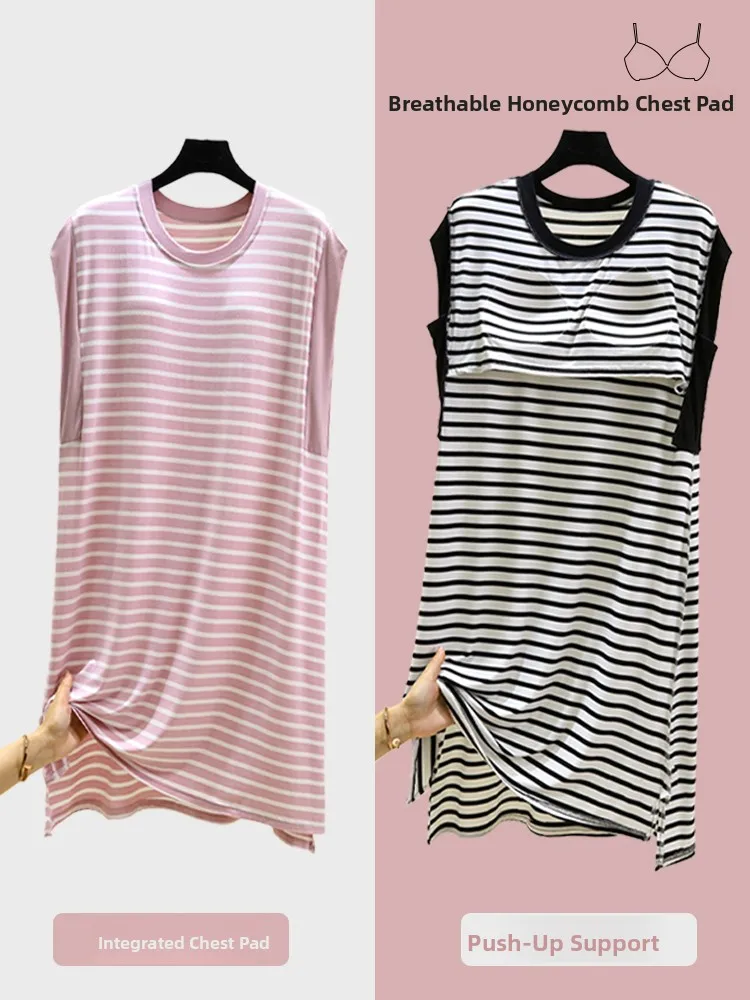 

Modal Long Sleeveless Striped Home Dress Women's Summer plus Size Slimming Base Layer Dress Gown July Deer Brand Simple Style