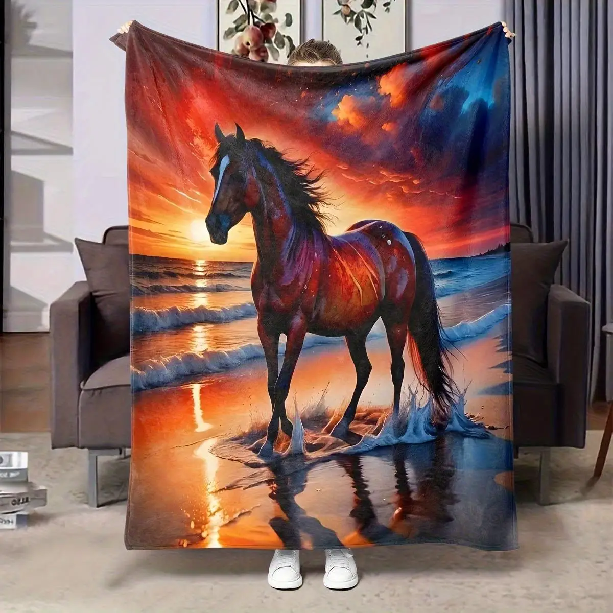 Decorative Horse Art Blanket Plush Throw for Sofa Couch Beach Sunset Equestrian Style Fleece Nap Wrap Gift
