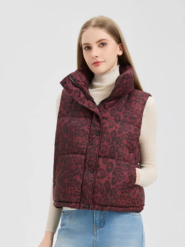 Herbst Winter Neue Sle frauen ort Svel Baumwolle Jaet Stehkragen unten Baumwolle Weste Leopard Print Biker Weste Wärme