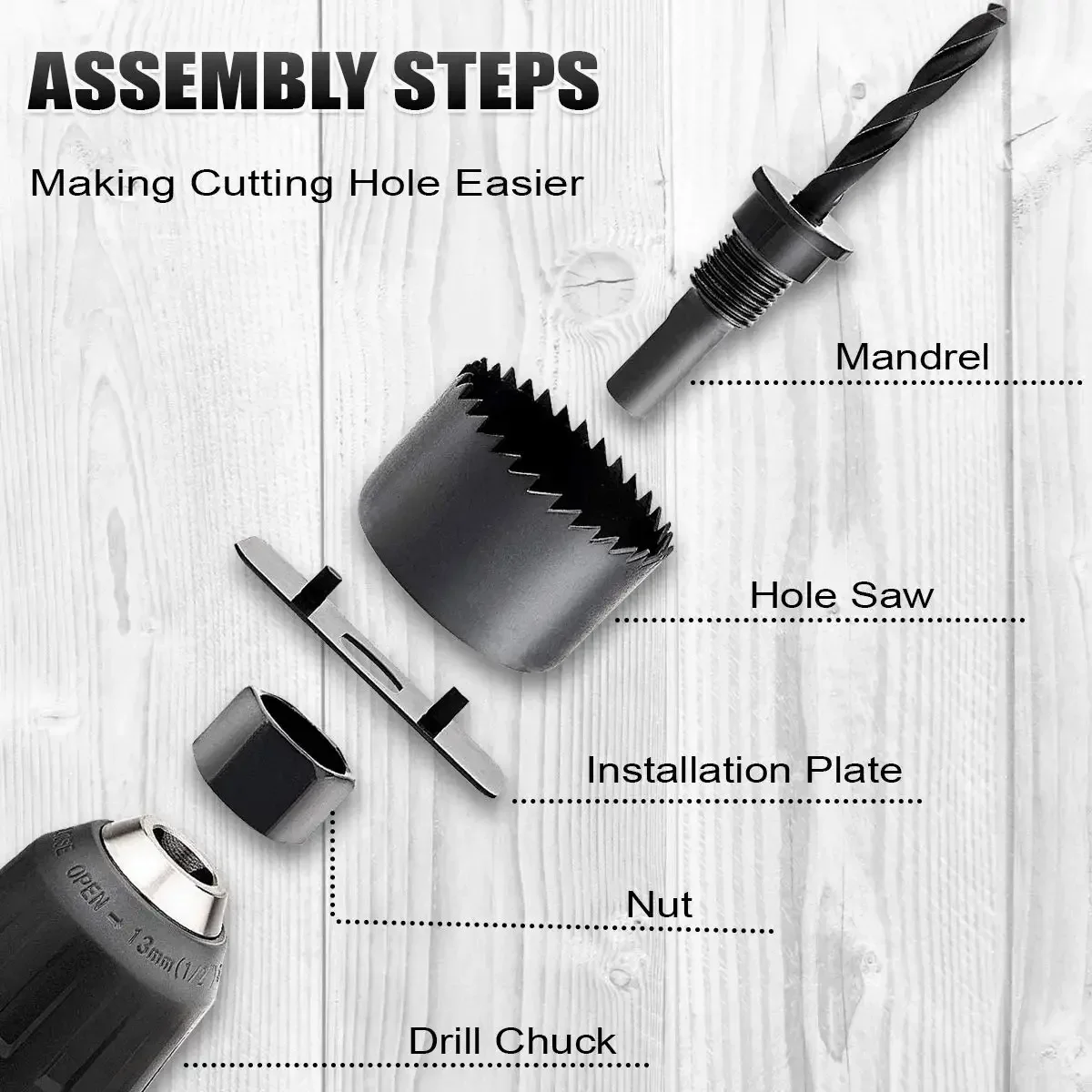 Hole Saw Set 6/18PCS Hole Saw Kit 19mm-127mm Hole Saw Mandrels Hex Key with Storage Box Ideal for Soft Wood PVC Board