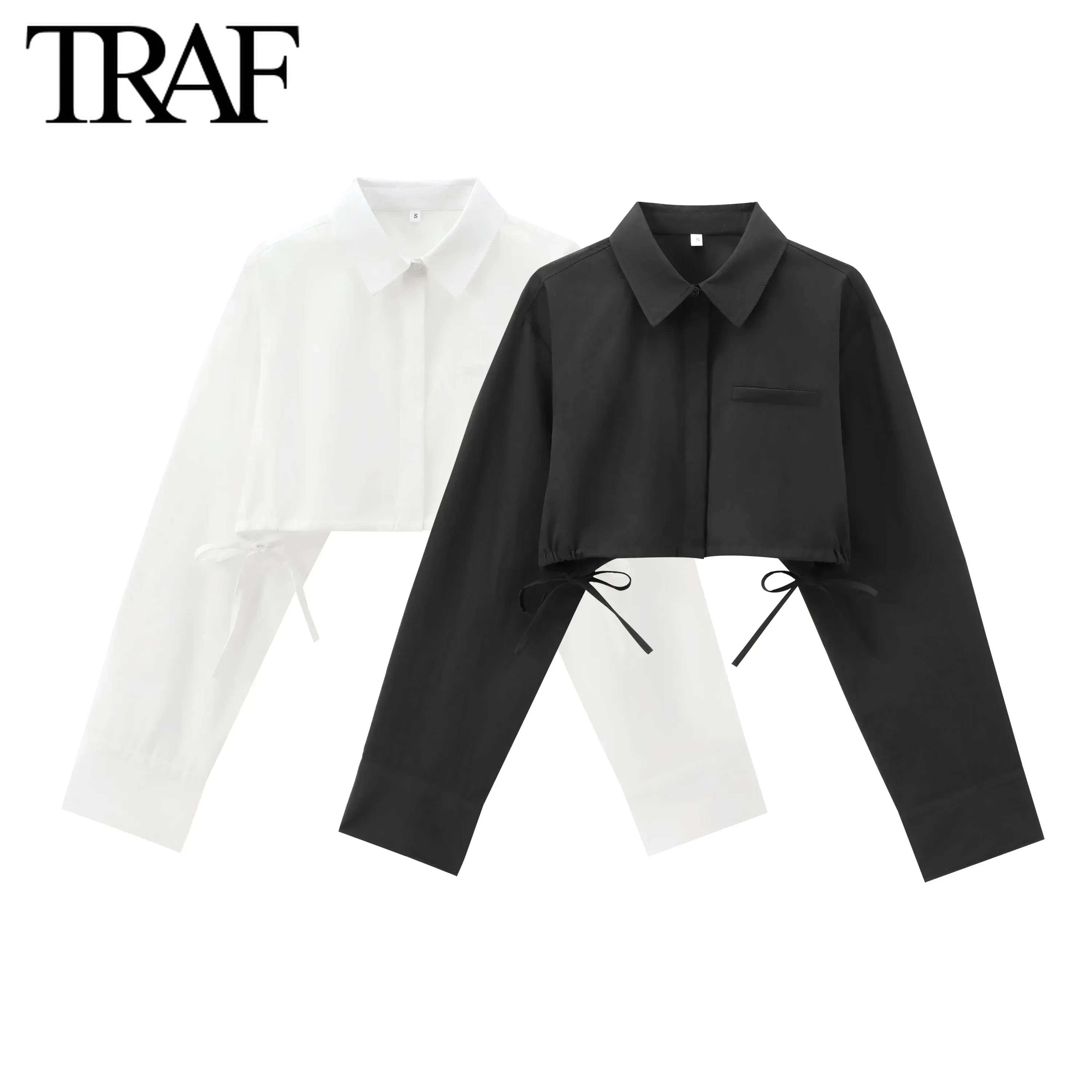 TRAF Women Fashion Autumn New Drawstring Long Sleeve Single-breasted Lapel Short Blouse Street Clothing Shirt Chic Ladies Top