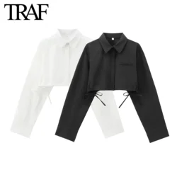 TRAF Women Fashion Autumn New Drawstring Long Sleeve Single-breasted Lapel Short Blouse Street Clothing Shirt Chic Ladies Top