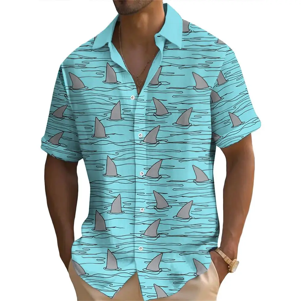 Summer Fashion Cartoon Ocean Overlord Shark Print Men\'s Short Sleeve Casual Print Top Seaside Vacation Travel Wear Oversized Top