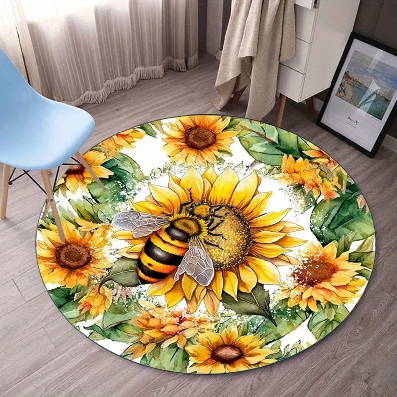 

Sunflower Bee Round Rug Nature Floral Design Summer Garden Decor Vibrant Colors Floor Mat Home Interior Art crystal fleece