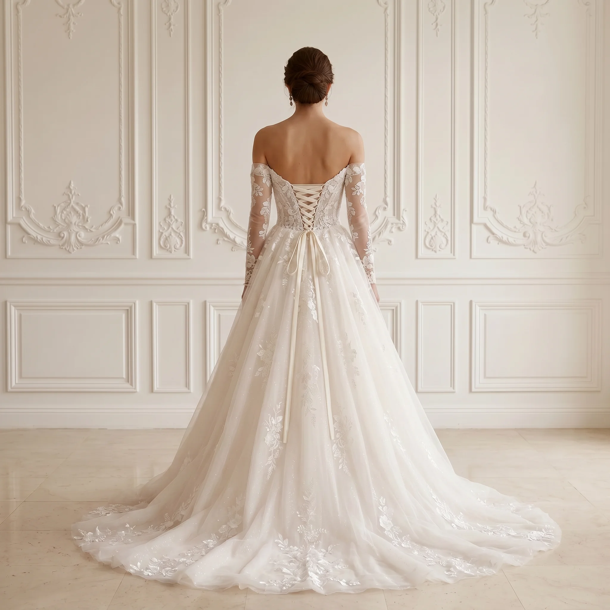 Off Shoulder Long Sleeve A Line Wedding Dress Glitter Tulle Floral Lace Corset Back Chapel Train Bridal Gown