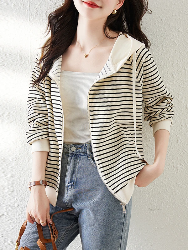 

Casual Striped Color Blo Hooded Zipper Long Sve Women's Outerwear Loose Fit Sweatirt Trendy Open Cardigan Top