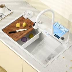 Weiße Küchen spüle Edelstahl moderne große Single Slot Schüssel Waschbecken Wasserfall Wasserhahn mit Digtal Display für zu Hause