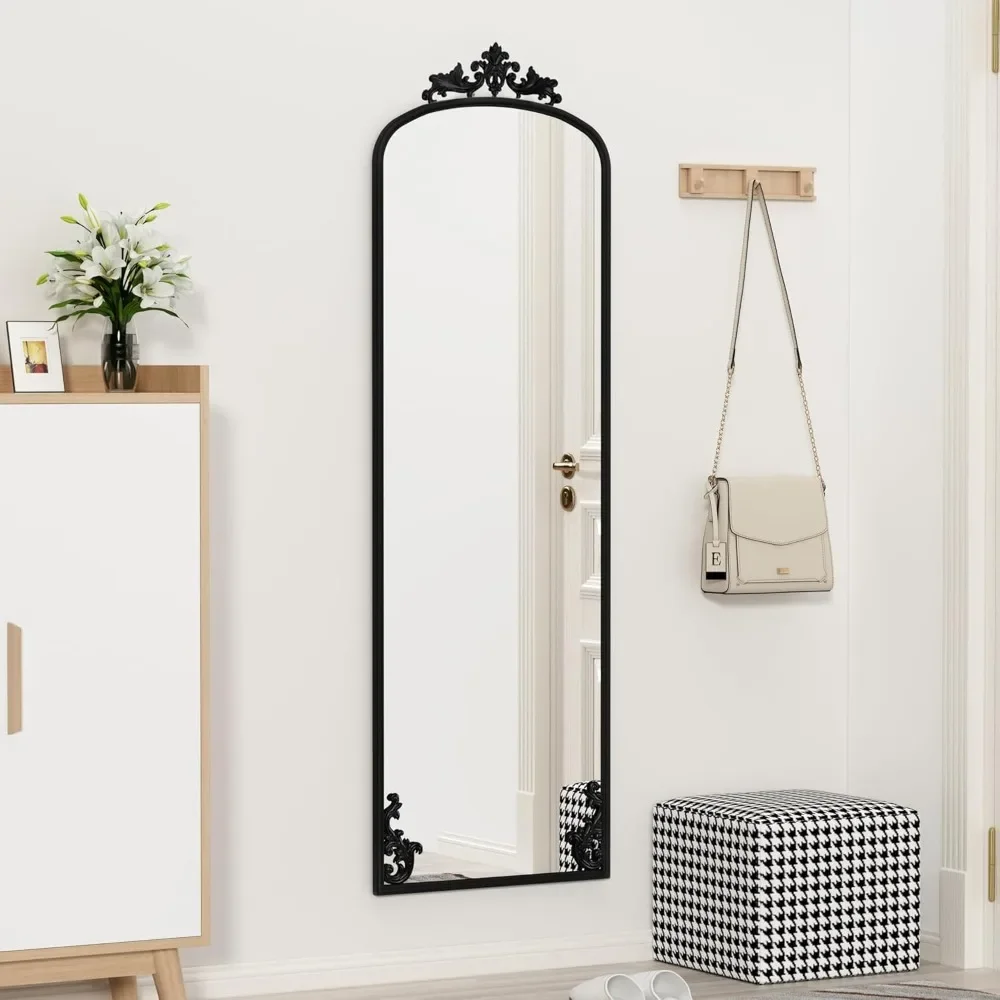 Miroir arqué pleine longueur avec support, longueur au sol noire, cadre en métal sculpté, mur complet du corps pour la décoration intérieure, 65 po x 21 po