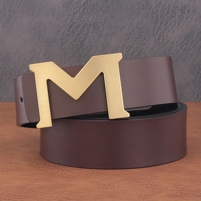 High quality gold m letterslide buckle belts men designer luxury brand 3.8cm genuine leather smooth cowhide jeans ceinture homme