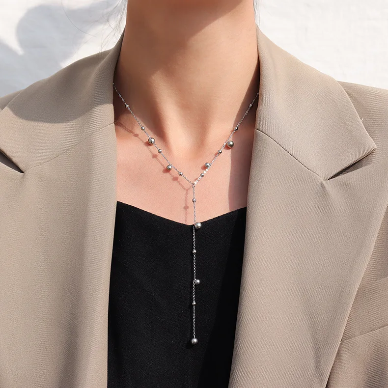 Stainless Steel Gold Color Beads Chain Necklace for Women Simple Long Tassel Clavicle Chain Party Jewelry
