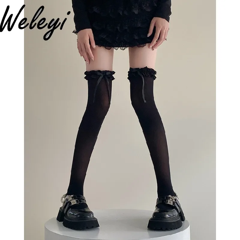 Calcetines De tubo De encaje De Lolita japonesa, Ropa De Mujer con lazo Cutecore para las cuatro estaciones, calcetines De seda blancos y negros por encima De la rodilla, medias hasta el muslo