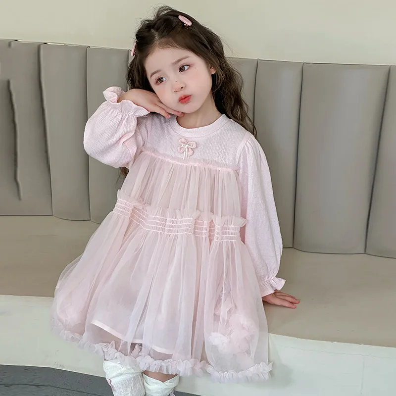 

Girls' Bowknot Dress Spring and Autumn Children's Stylish Princess Dress Spring Outfit Baby Girl Fashion Sweet Mesh Dress