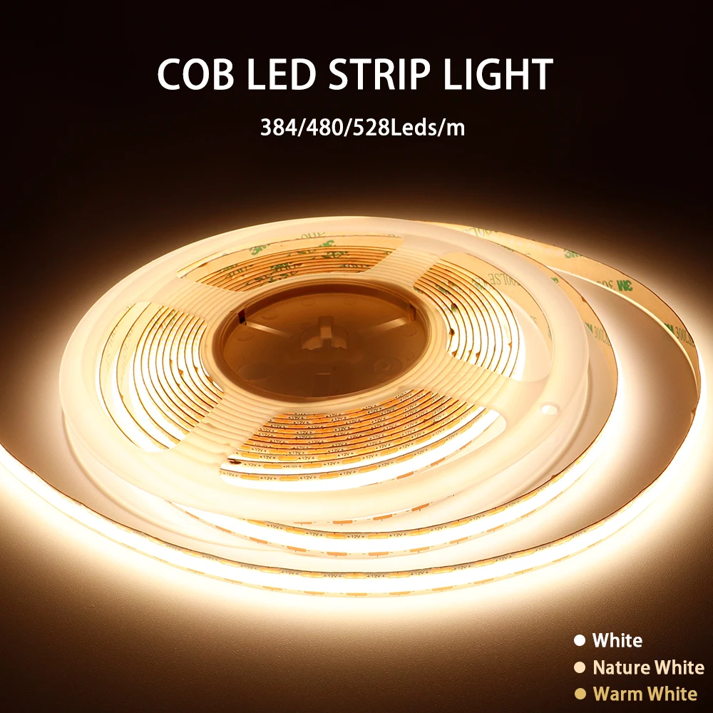 COB LED Strip Light High Density Linear Lighting 384/480/528Leds/m Flexible Tape Warm Natural White Dimmabl Decor DC12 24V