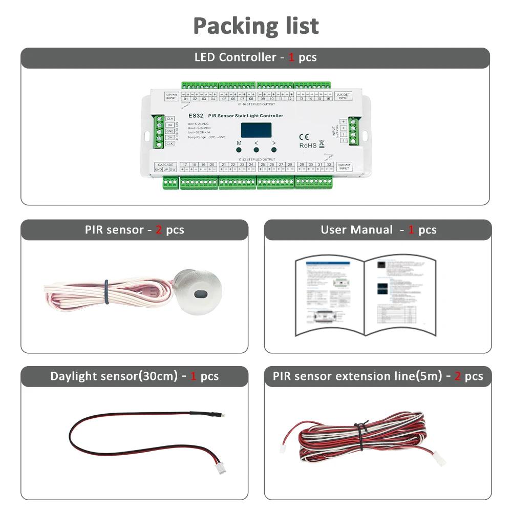 32CH ES32 PIR Controller per luci per gradini per scale 12V Sensore di movimento a LED Luce notturna Interruttore induttivo a infrarossi per scale Striscia flessibile