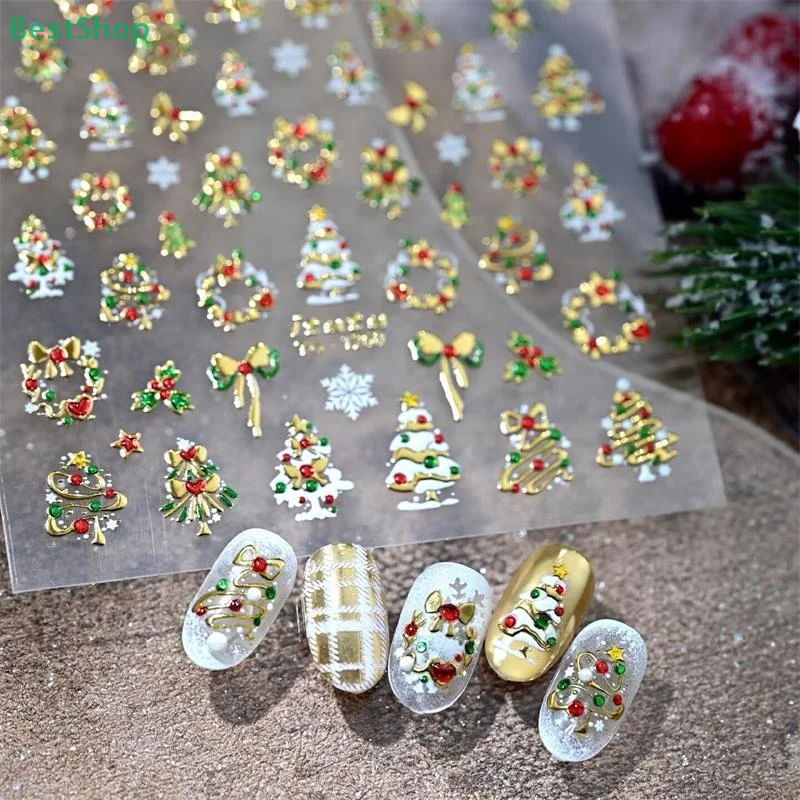 ♥ Autocollant pour Nail Art sur le thème de noël, décalcomanies 3D en Relief pour arbre de noël/couronne/renne, décor de manucure auto-adhésif à faire soi-même