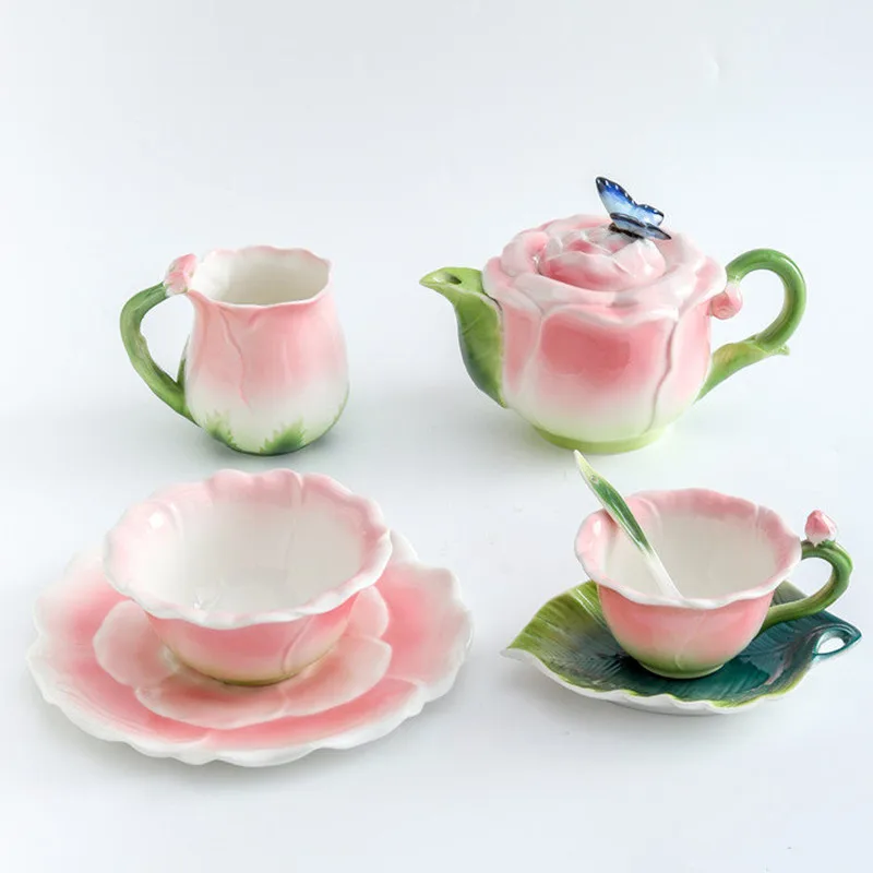 Rose Ceramic Mug Porcelain Mug Simulated Flower Shape Tea Set Petaled Teapot Butterfly Bud Cup Coffee Cups Cups and Mugs Set