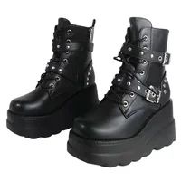 New Women's Pu Leather Ankle Boots Women Autumn Winter Round Toe Lace Up Shoes Woman Motorcycle Platform Botas Gothic Shoes - Image 5