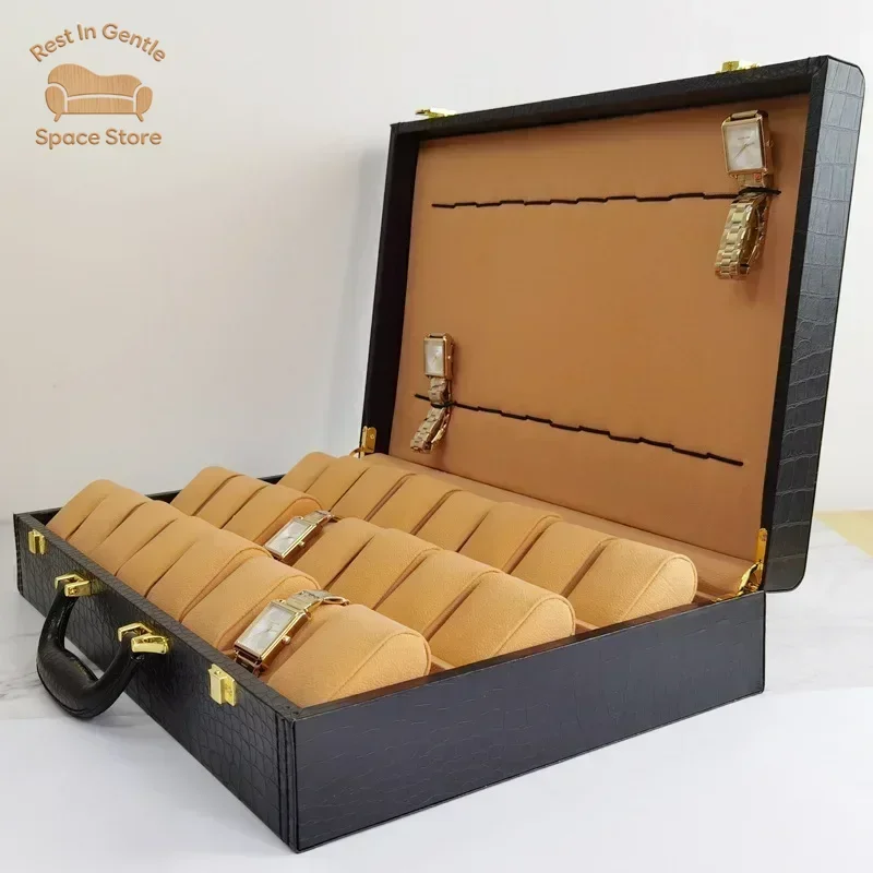 24+24 Slots Watch Storage Case Box Live Webcast Display Black Crocodile Texture Pu Leather Suitcase Multi Slots Watch Organizer