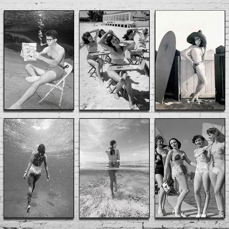 Vintage 1950s Photo Girl Beach Print Vintage Bodybuilder Black and White Gym Retro Wall Decor Lake House Poster Canvas Painting