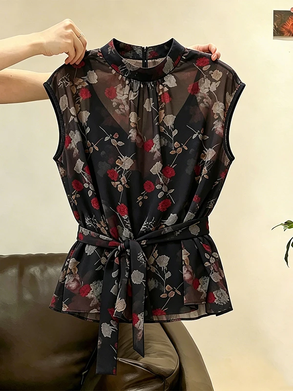 

Large Size Retro Rose Tie Shirt Women's Fashionable Versatile Comfortable Summer New Style Age Reduction Top Korean Style Com...