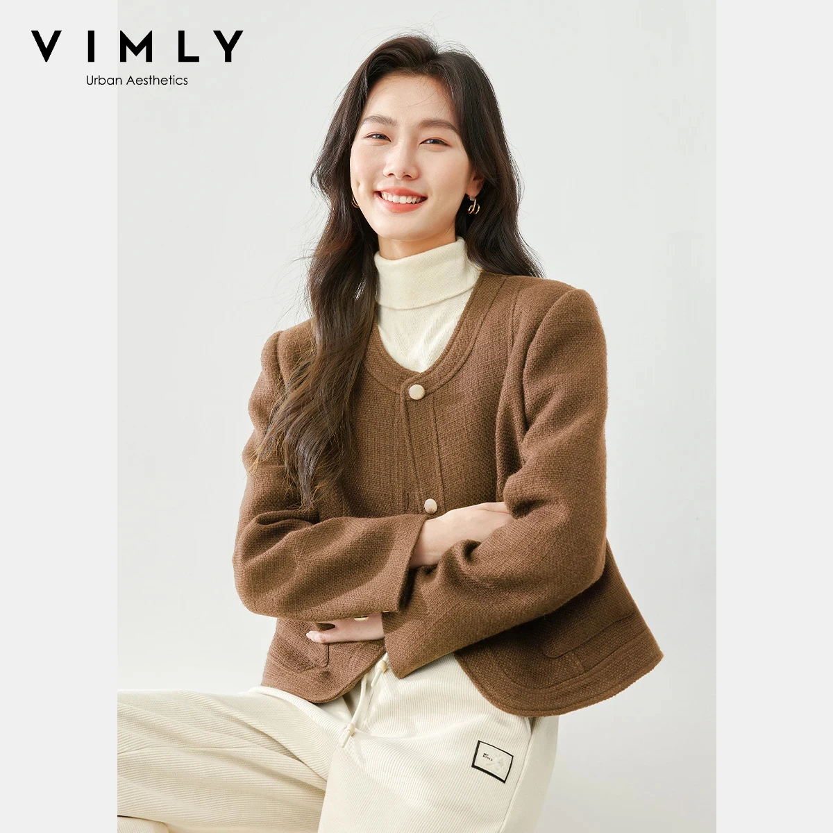 Vimly Women's Tweed Jacket 2025 Autumn Round Neck Single-Breasted H-Line Long Sleeves Coat Elegant-style Warmth Overcoat A0057
