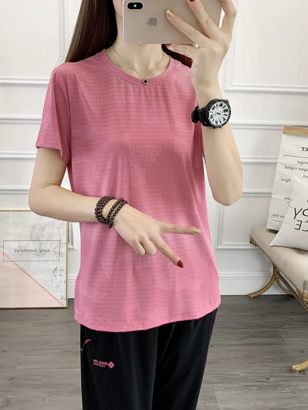Summer Thin Sporty Women's T-Shirt Loose Fit round Neck Half Sleeve Quick Dry Outdoor Fitness Climbing Hiking Top