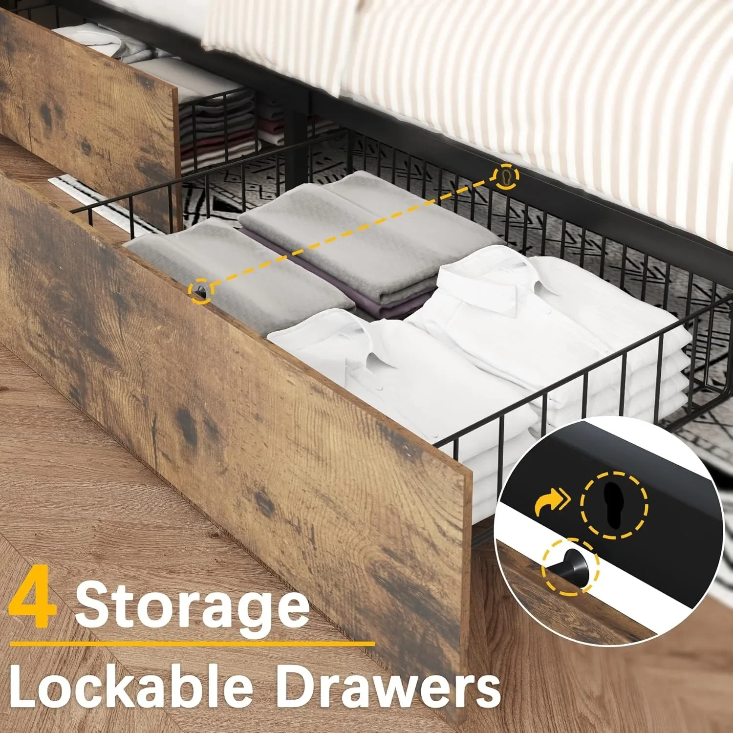 هيكل سرير كبير مع لوح رأسي، لوح رأسي لرف الكتب عالي التخزين، 4 أدراج تخزين، محطة شحن وLED، بني عتيق