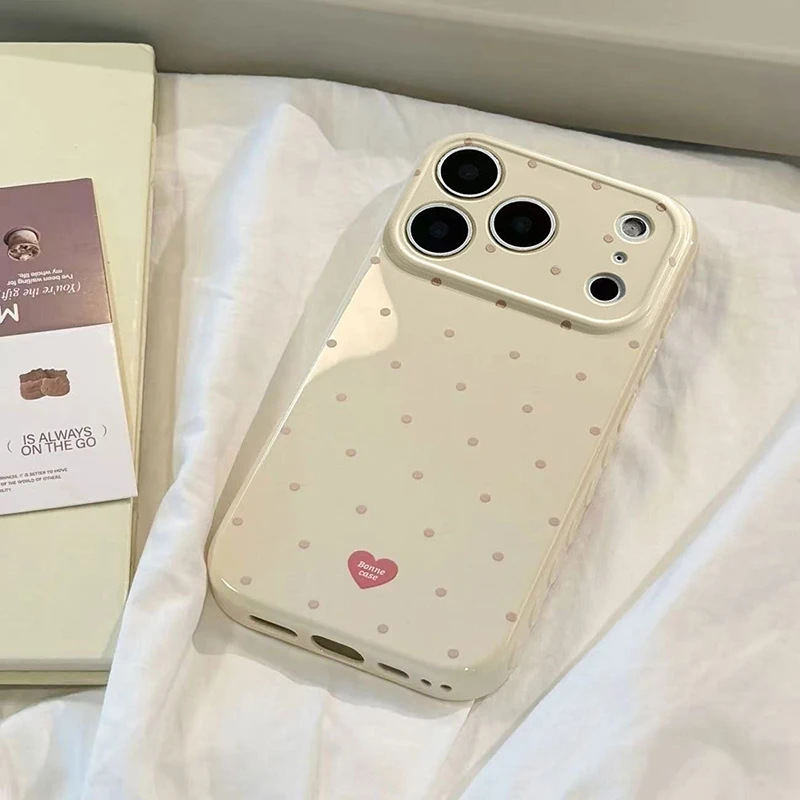 Korean Full Screen Polka Dot Candy Color Heart Relief Side Phone Case For iPhone 18 17 16 15 14 13 12 Pro Max Shockproof Cover