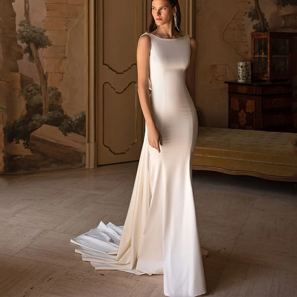 Elegante vestido de novia de sirena con cuello de cuchara, sin mangas, Diosa griega, Espalda descubierta, drapeado, vestido de novia de matrimonio Simple