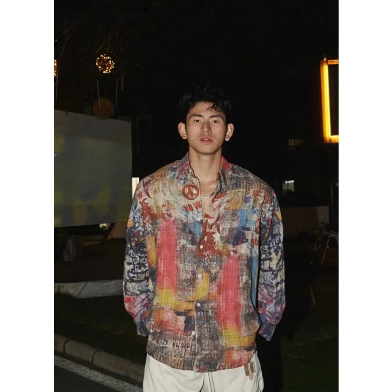 2026 Summer Men's Long Sleeve Short Sleeveless Shirt American Print Loose Vintage Patchwork Graffiti Street Collar Shirt for Men