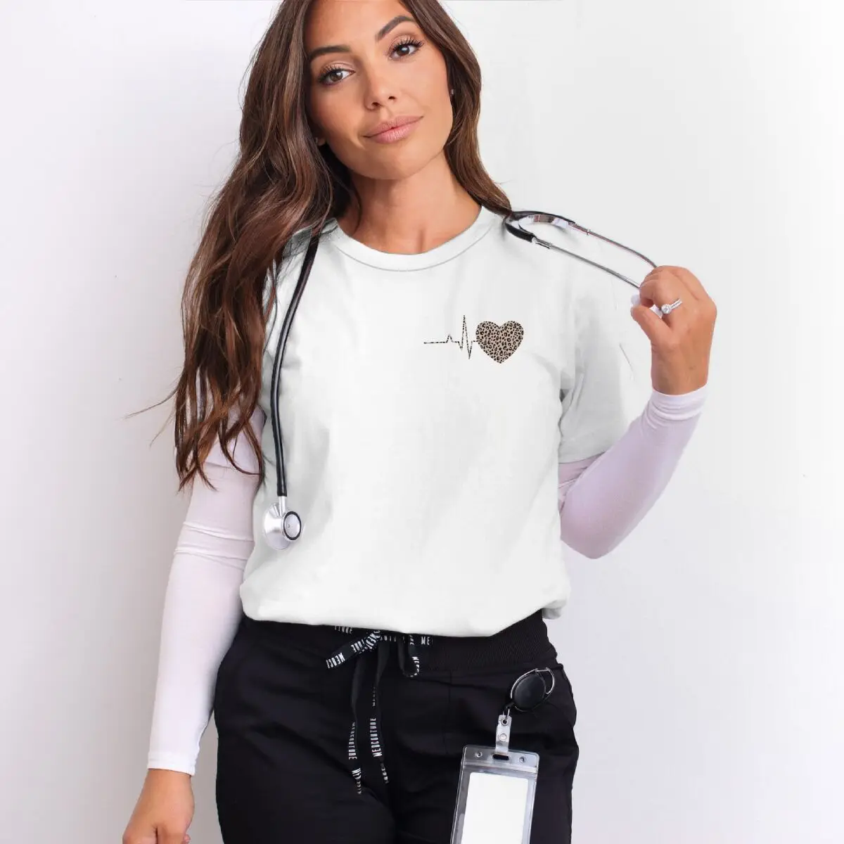 

Graphic Leopard Print Heartbeat Funny T Shirt Short Sleeve Casual Tops For Women Summer Women's Nurse Theme T-shirts