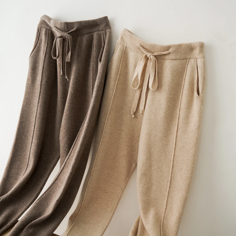 Women's High-Waist Thickened 100% Merino Wool Knitted Pants Autumn Winter Small Footed Trousers Mid-Calf Length