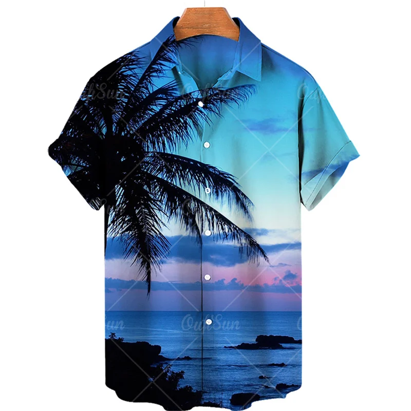 Men\'s Summer Sunset Floral Hawaiian Short Sleeve Shirt Casual Social Original Beach Vacation Goth Harajuku Luxury Y2k Clothing