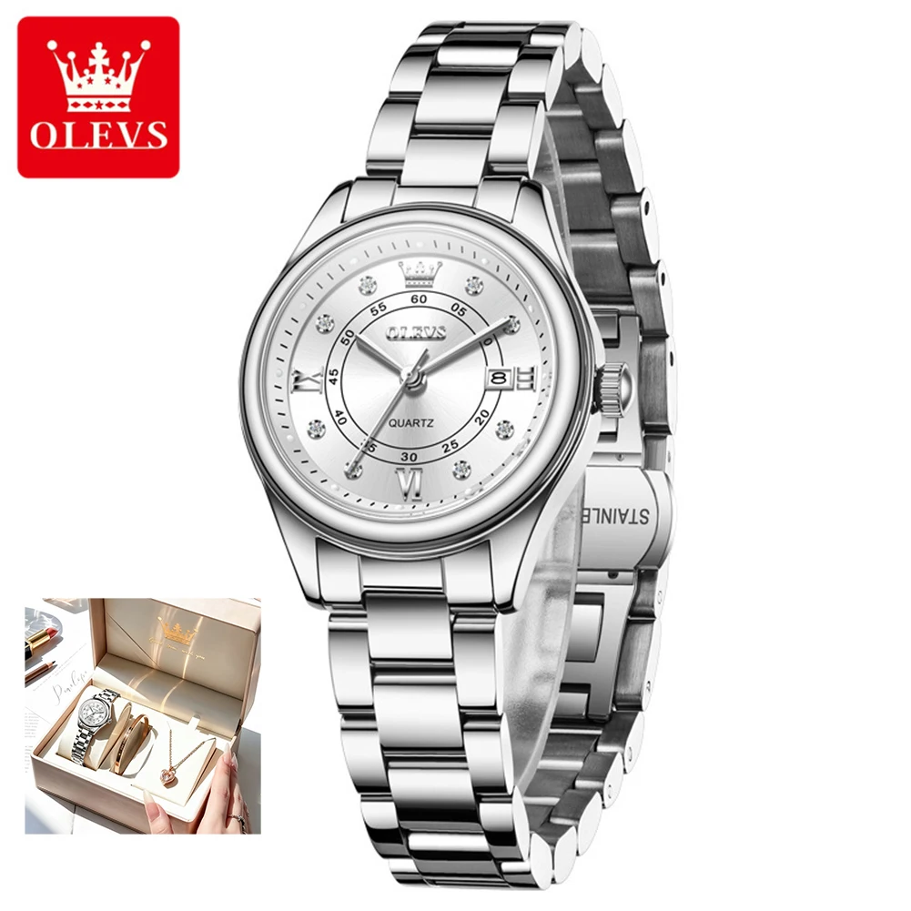 OLEVS 5683 Women Quartz Watch Luxury Silver Stainless Steel Wristwatch Diamond Small Dial Calendar Ladies Watch Female Gift