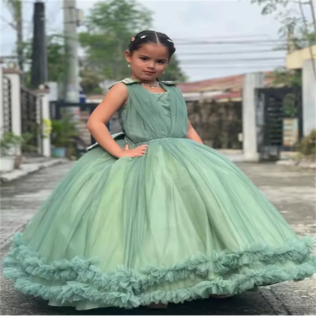 

Customized Green Flower Girl Dresses For Wedding Lace Tulle With Bow Sleeveless Kids Birthday Party First Communion Pageant Gown