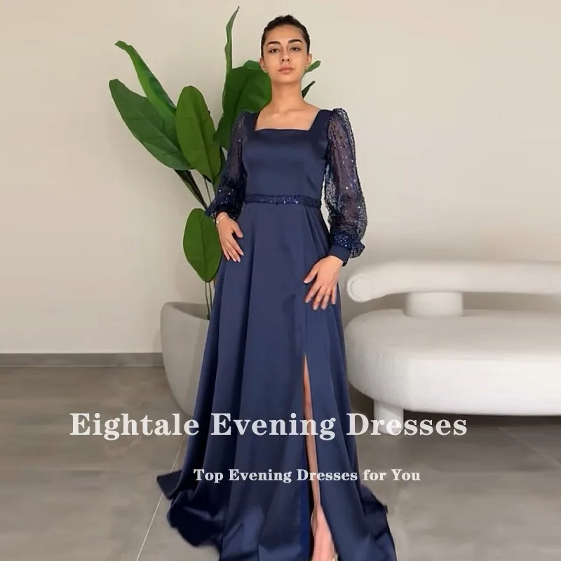 Eightale Navy Blue Evening Dress Long Sleeves Sequined A-Line Belt Side Slit Satin Prom Wedding Party Gowns  Hochzeitspartykleid