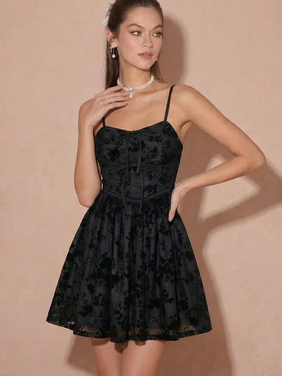 

Women's Black Floral Print Mini Dress Spaghetti Strap Bow Front A Line Flowy Dress For Party Date Summer Casual Wear