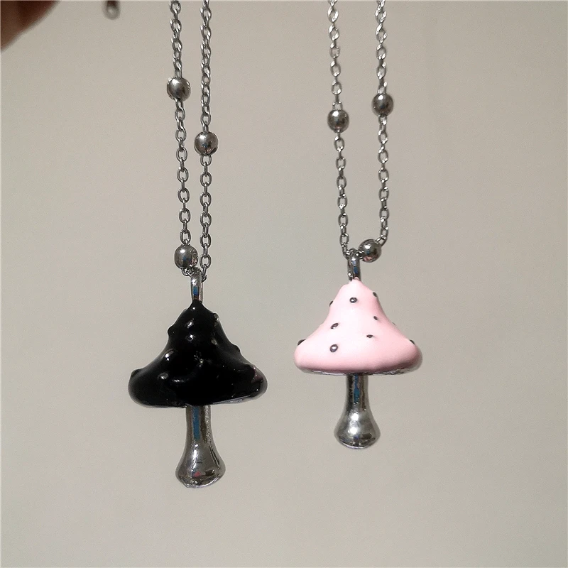 Trendy Colored Drip Oil Metal Mushroom Pendant Silver Color Chain Necklace Women's Y2K Goth Vintage Aesthetic Charm Neck Jewelry