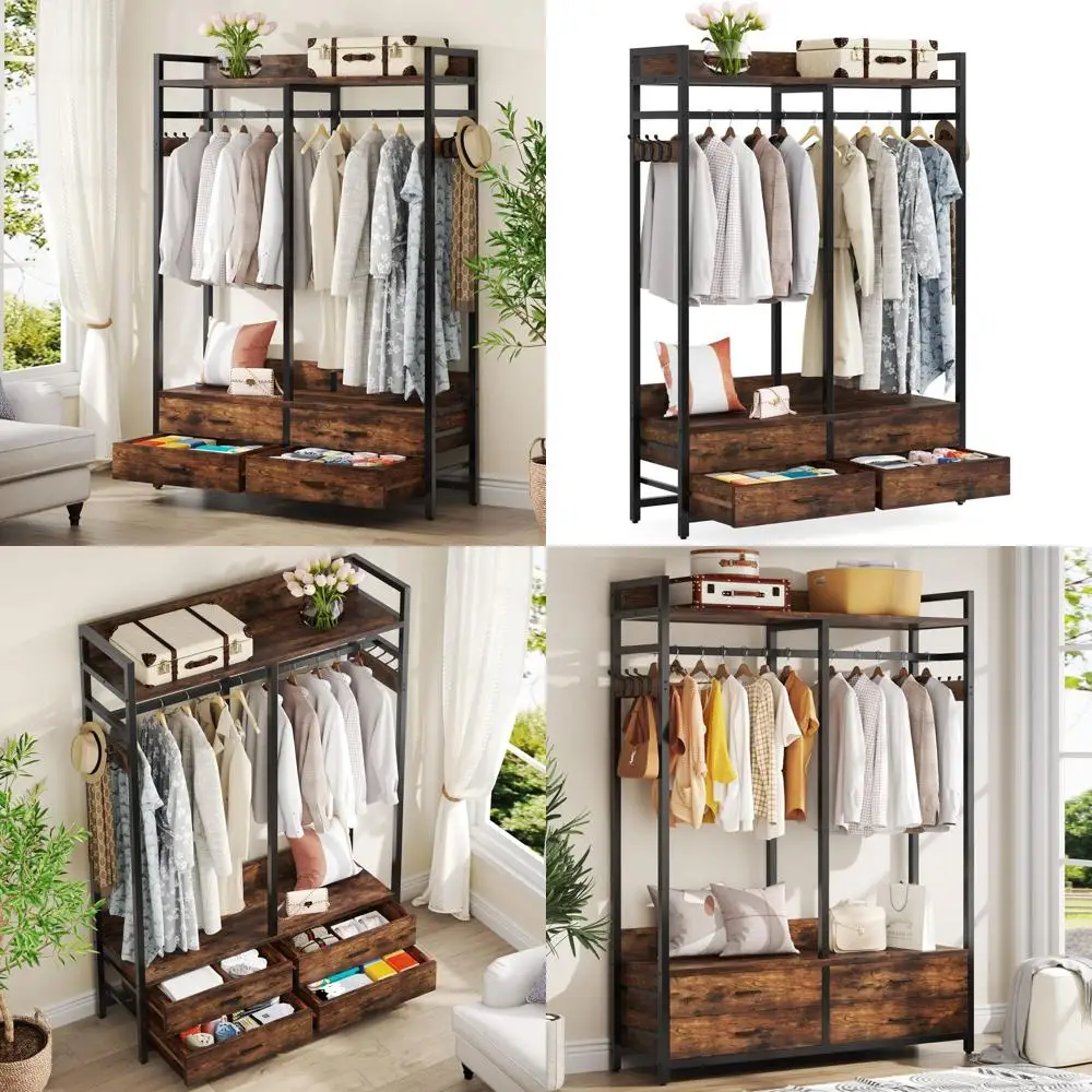 

Durable Hanging Closet Organizer with Drawers, Hooks, and Shelves - Rustic Brown