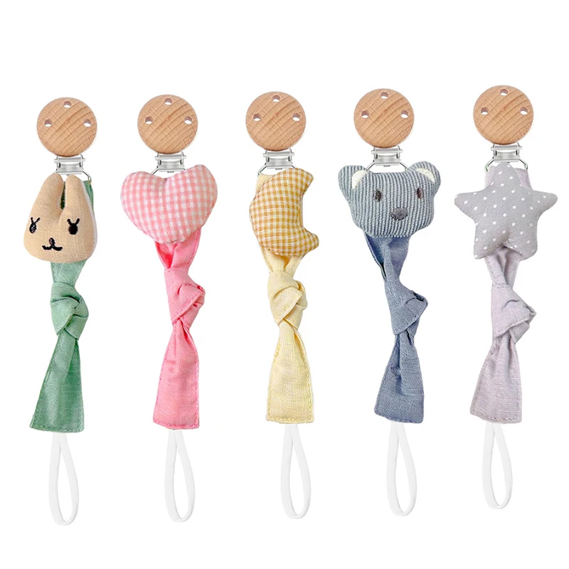 

Newborn Baby Pacifier Chain Cotton Wood Pacifier Clips Soft Fabric Strap Infant Dummy Nipple Soother Holder