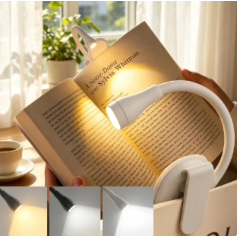 Mini LED Reading Light, 3 Color Eye-Care Clip Lamp 360° Adjustable Rechargeable Book Light for Study Bedroom
