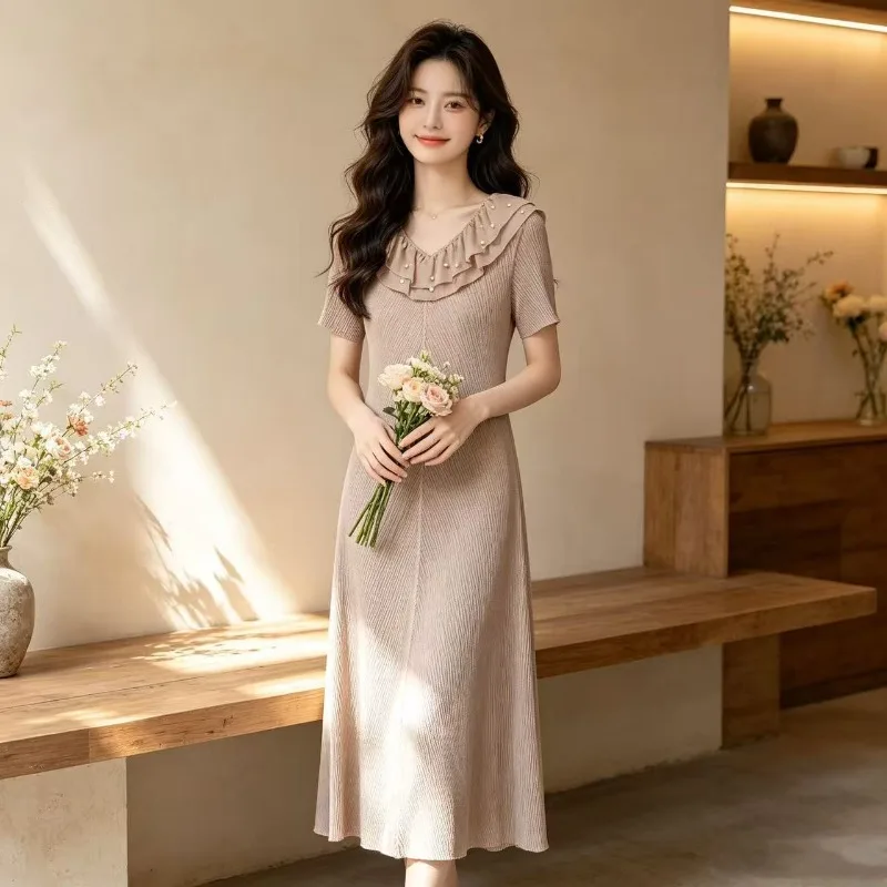 

Miyake Pleated Dresses Elegant Long Dress 2026 Summer New Design Sense Beaded Lace Solid Color Pleats Versatile High-end Dress