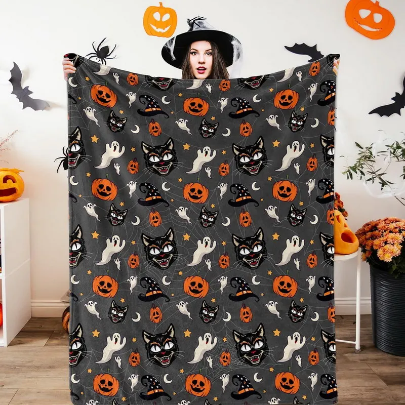 Wholesale Halloween Throw Blanket 150x200cm | Pumpkin & Black Cat Flannel for Seasonal Decor & Retail
