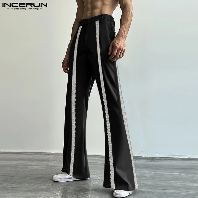 INCERUN 2024 Style américain pantalon élégant hommes dentelle épissage jambe droite conception pantalon Long loisirs Clubwear offre spéciale Pantalons