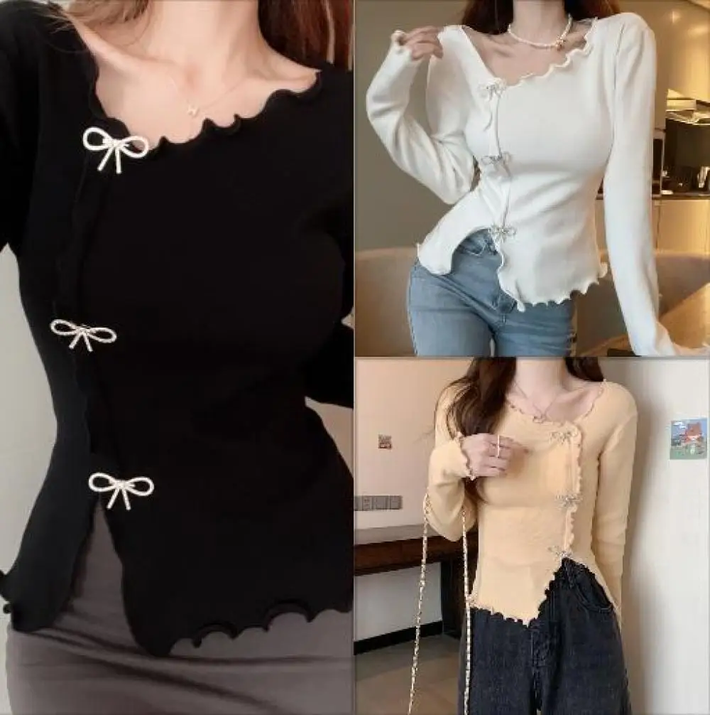 Korean Bow Tie Wood Ear Hem Bottom Knitted Shirt Women Slim Long Sleeve T-shirt Top