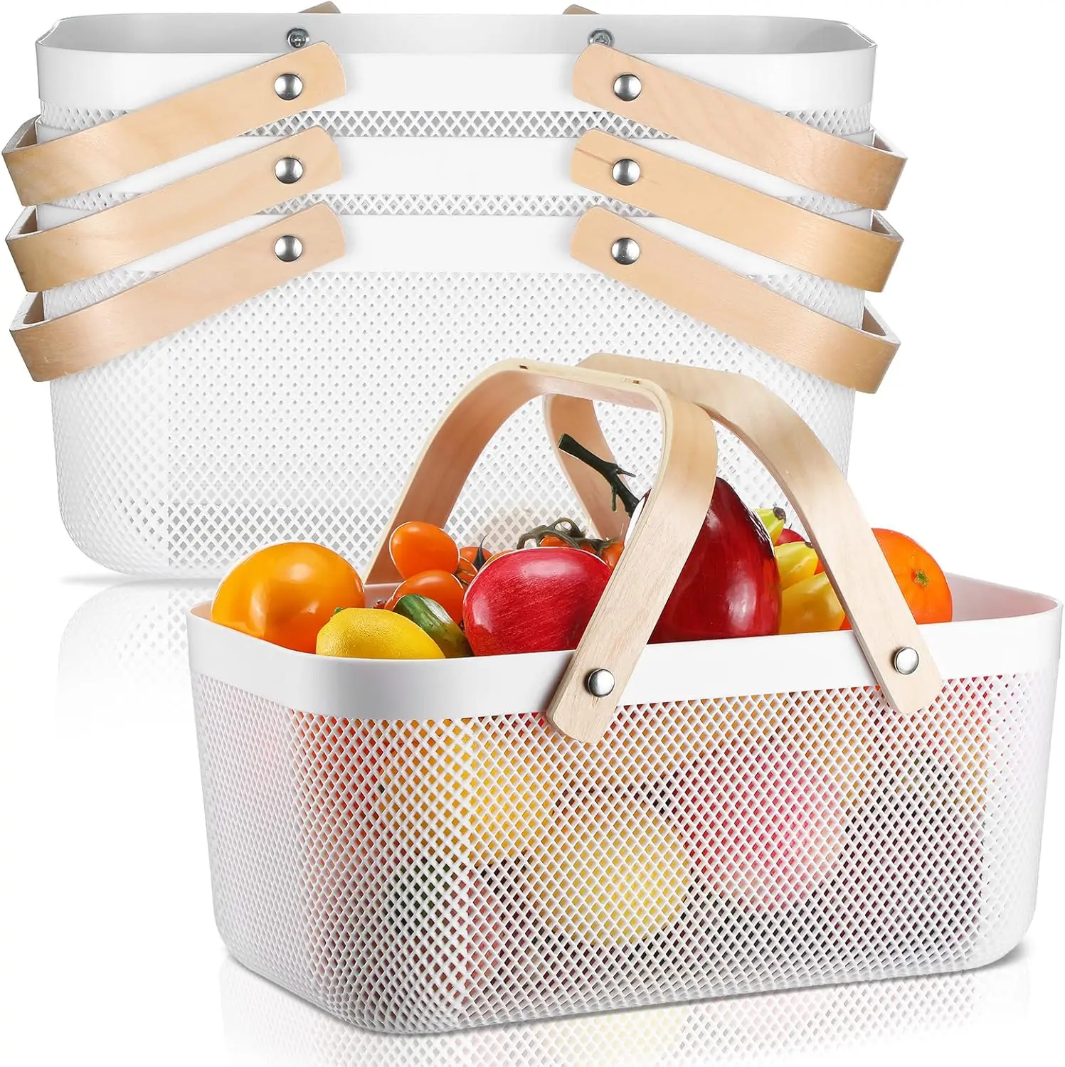 

4-Piece Plastic Mesh Harvest Basket with Wooden Handle for Kitchen, Picnic, and Organizing Fruits and Vegetables (Large, White)